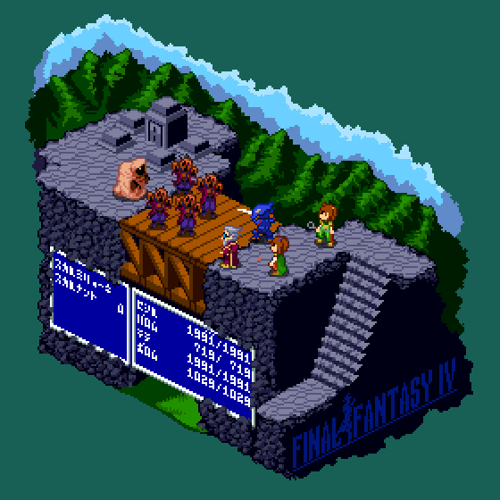 1boy, 2girls, animated, animated_gif, cecil_harvey, copyright_name, day, final_fantasy, final_fantasy_iv, holding, holding_sword, holding_weapon, isometric, multiple_girls, outdoors, palom, pixel_art, porom, scarmiglione, stairs, sword, tella, wanpaku_pixels, weapon