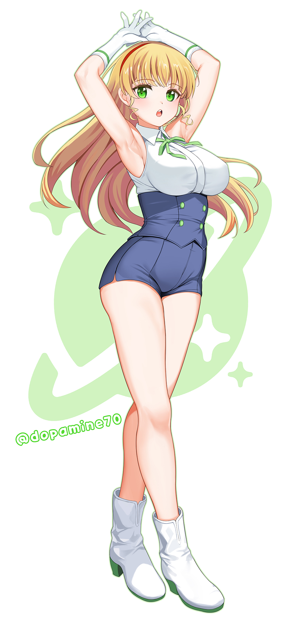 1girl, armpits, arms_up, bare_legs, blonde_hair, blue_shorts, boots, breasts