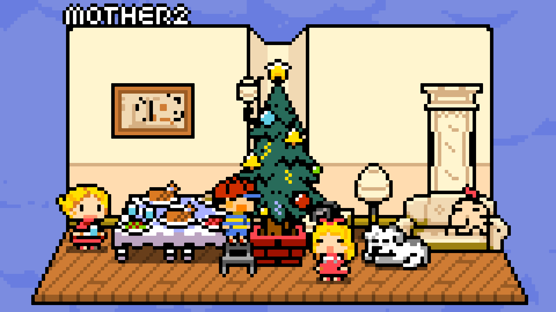 1boy, 2girls, blonde_hair, christmas, christmas_ornaments, christmas_tree, copyright_name, dog