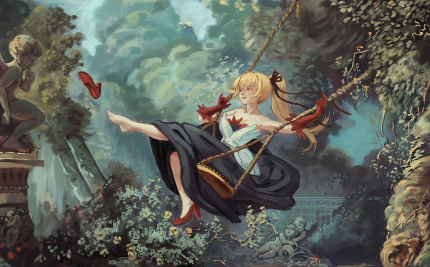 1girl, absurdres, barefoot, blonde_hair, bush, dress, flower, hair_ribbon, high_heels, highres, kiss-shot_acerola-orion_heart-under-blade, kizumonogatari, long_hair, monogatari_(series), oshino_shinobu, pointy_ears, ponytail, ribbon, ricman_rt, smile, statue, strapless, strapless_dress, swing, swinging, teenage, tree, vampire, yellow_eyes