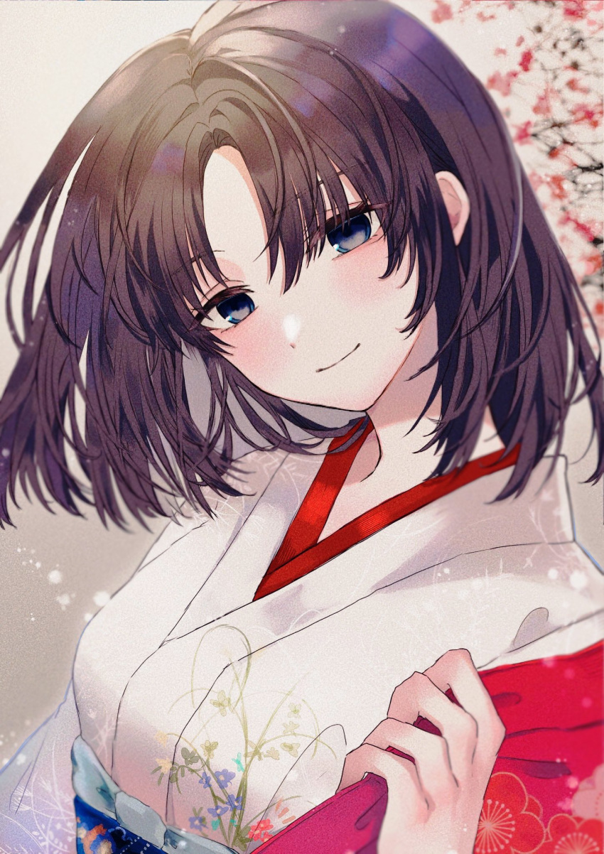 1girl, bangs, black_eyes, black_hair, blush, cherry_blossoms, closed_mouth, commentary_request