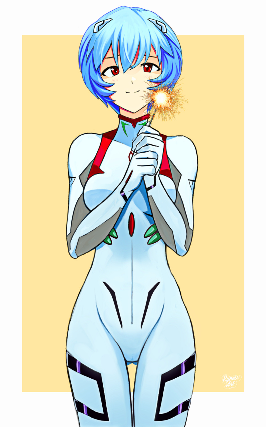 1girl, 2022, artist_name, ass_visible_through_thighs, ayanami_rei, blue_hair, border, breasts, fireworks, highres, interface_headset, light_smile, looking_at_viewer, medium_breasts, neon_genesis_evangelion, new_year, outside_border, plugsuit, red_eyes, ryness, short_hair, skin_tight, smile, solo, sparkler, thigh_gap, tight, white_border, yellow_background