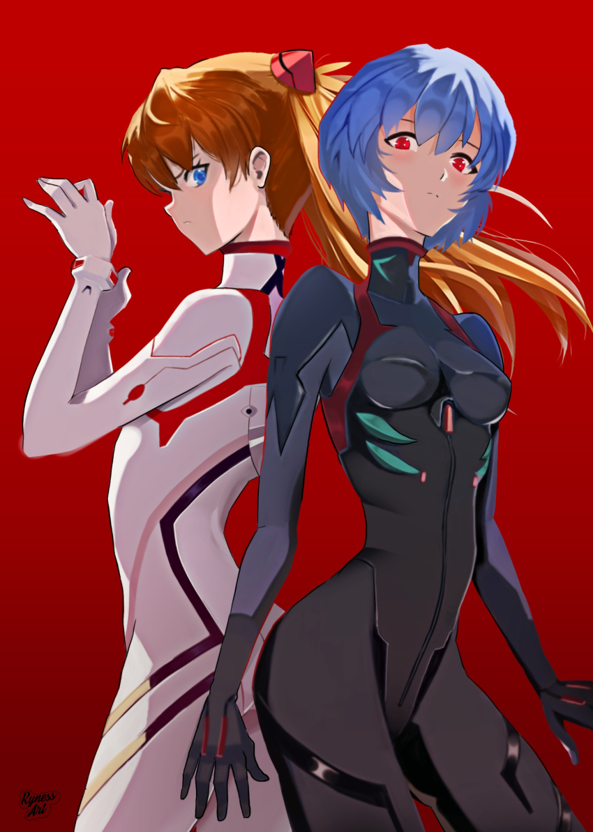 2girls, arms_at_sides, artist_name, ayanami_rei, back-to-back, blue_eyes, breasts, brown_hair, cowboy_shot, evangelion:_3.0+1.0_thrice_upon_a_time, glaring, highres, interface_headset, long_hair, looking_at_viewer, multiple_girls, neon_genesis_evangelion, plugsuit, rebuild_of_evangelion, red_background, red_eyes, ryness, shaded_face, short_hair, small_breasts, souryuu_asuka_langley, thighs, tight