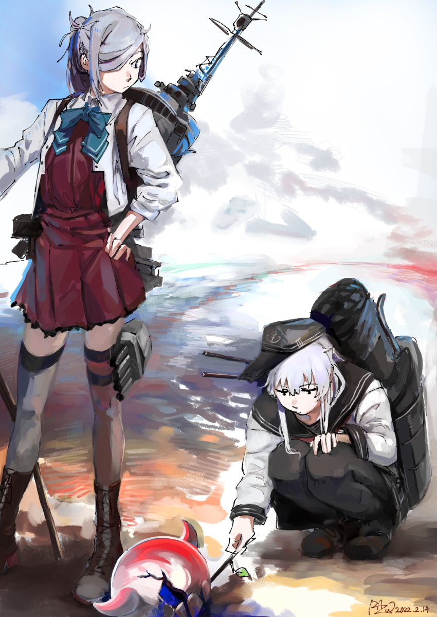 2girls, abyssal_ship, anchor_symbol, asashimo_(kancolle), asashio_(kancolle), asashio_kai_ni_(kancolle), bangs, black_legwear