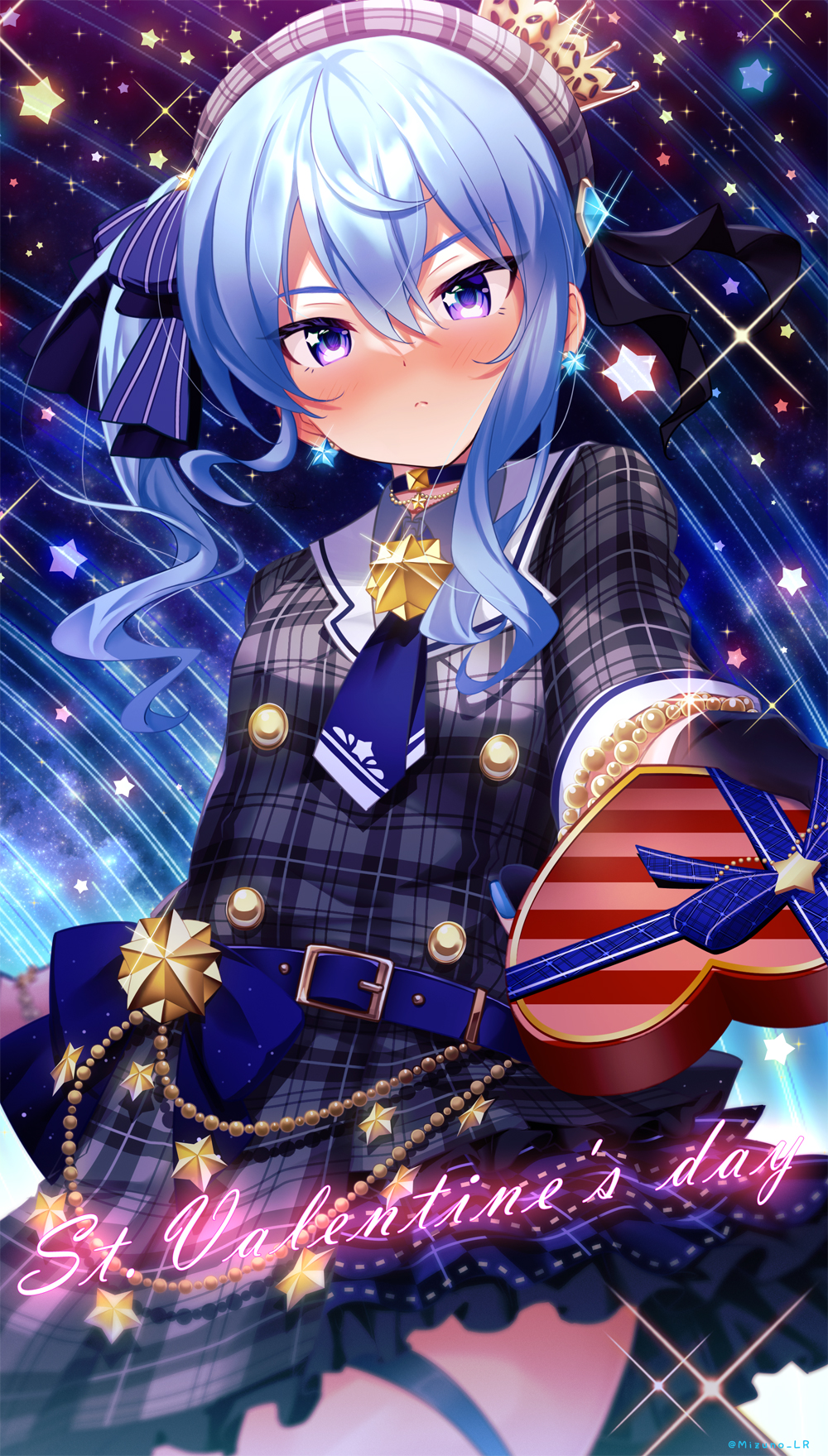 1girl, angry, ascot, bangs, belt, beret, black_gloves, blue_ascot