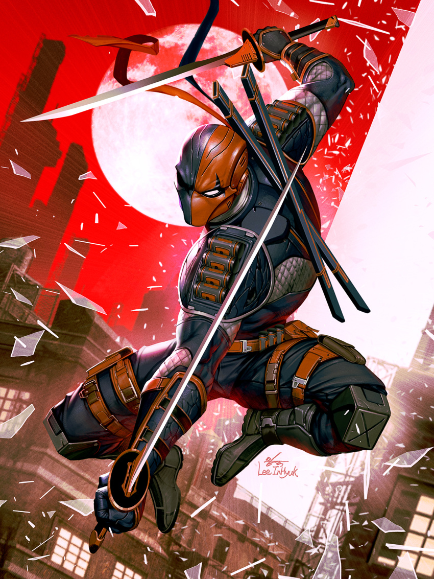 1boy, armor, artist_name, belt, black_footwear, bodysuit, broken_glass, building, city, dc_comics, deathstroke, drawing, dual_wielding, english_commentary, full_body, full_moon, glass, highres, holding, holding_sword, holding_weapon, in-hyuk_lee, jumping, katana, knees_up, male_focus, mask, moon, outdoors, painting, pose, red_sky, signature, sky, solo, sword, weapon, western_comics_(style)