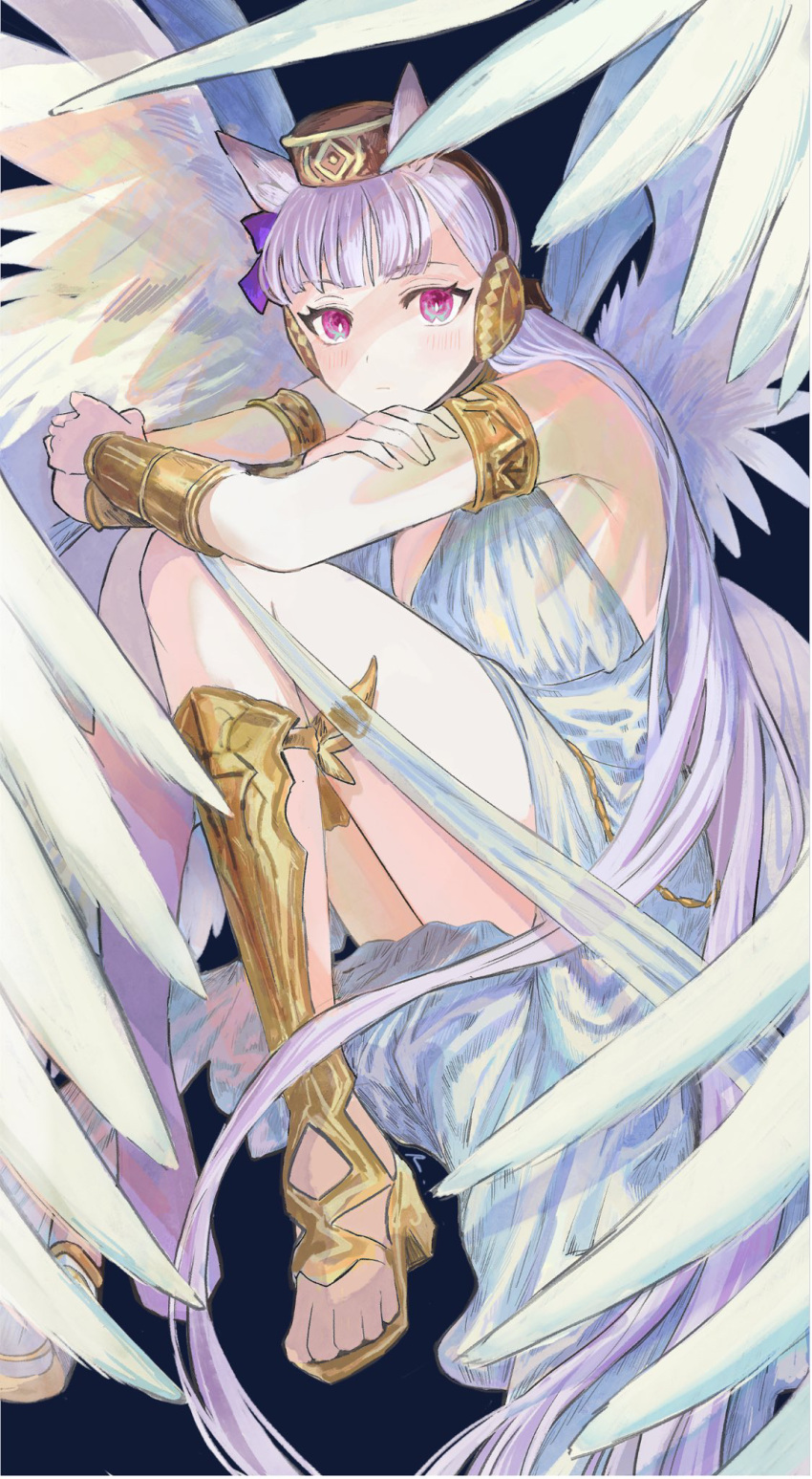 1girl, animal_ears, armlet, armor, armpits, bangs, blush, closed_mouth, cosplay, crossed_arms, dress, gold_ship_(umamusume), granblue_fantasy, greaves, hat, helel_ben_sahar_(granblue_fantasy), helel_ben_sahar_(granblue_fantasy)_(cosplay), highres, horse_ears, invisible_chair, long_hair, looking_at_viewer, multiple_wings, pillow_hat, pink_hair, purple_hair, rosette_(roze-ko), sandals, sitting, sleeveless, sleeveless_dress, solo, thighs, umamusume, vambraces, very_long_hair, white_dress, wings