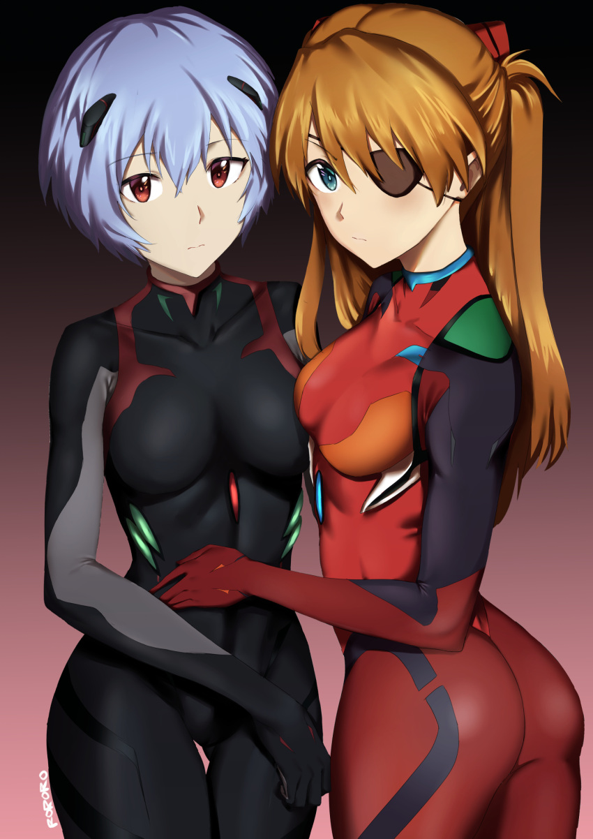 2girls, arm_around_shoulder, ass, ass_visible_through_thighs, asymmetrical_docking, ayanami_rei, blue_eyes, blue_hair