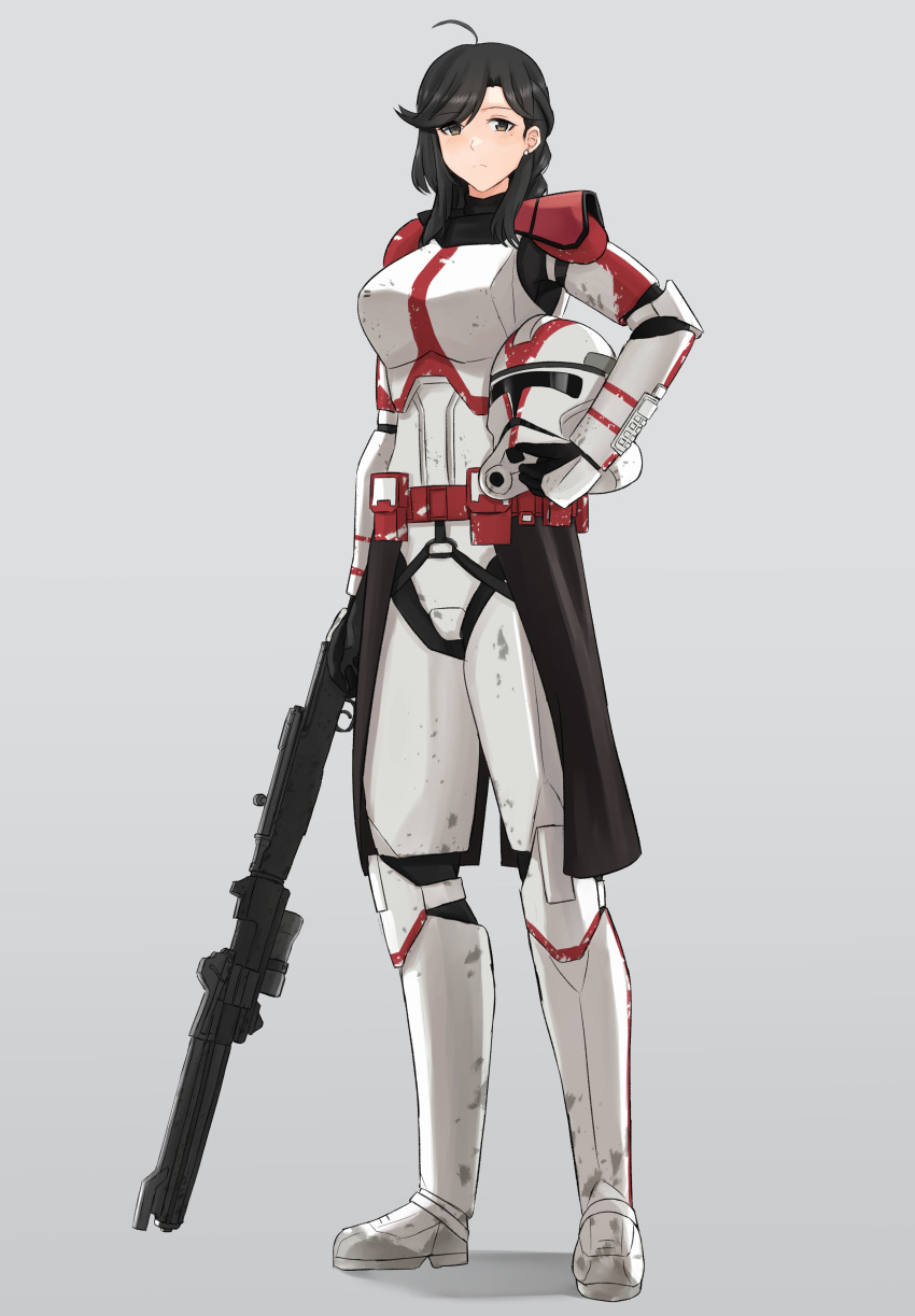 1girl, absurdres, ahoge, armor, black_hair, breasts, brown_eyes, clone_trooper, cyka, earrings, energy_gun, english_commentary, full_body, general_liu_(girls'_frontline), girls_frontline, grey_background, headwear_removed, helmet, helmet_removed, highres, holding, holding_helmet, holding_weapon, jewelry, large_breasts, long_hair, parody, solo, standing, star_wars, weapon