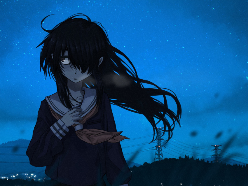 1girl, black_hair, black_serafuku, blurry, blurry_foreground, breath, brown_eyes, hair_over_one_eye