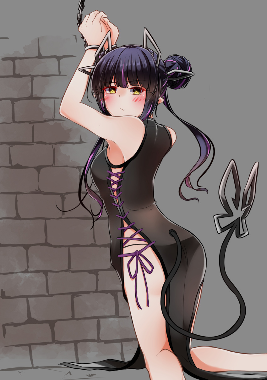 1girl, alternate_costume, alternate_hairstyle, ass, bangs, black_hair, blunt_bangs, blush, bound, bound_wrists, breasts, brick_wall, china_dress, chinese_clothes, closed_mouth, commentary_request, cuffs, dameyoshi, demon_girl, demon_horns, demon_tail, double_bun, dress, eyebrows_visible_through_hair, feet_out_of_frame, frown, grey_background, handcuffs, highres, horns, kojo_anna, long_hair, looking_at_viewer, looking_to_the_side, medium_breasts, multicolored_hair, pointy_ears, purple_hair, solo, sugar_lyric, tail, twintails, two-tone_hair, virtual_youtuber, yellow_eyes