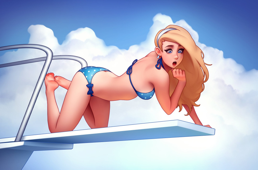 1girl, all_fours, barefoot, bikini, black_bow, blonde_hair, blue_bikini, blue_hairband