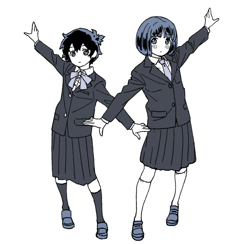 2girls, akebi-chan_no_serafuku, bob_cut, commentary, creator_connection, expressionless, highres, kneehighs