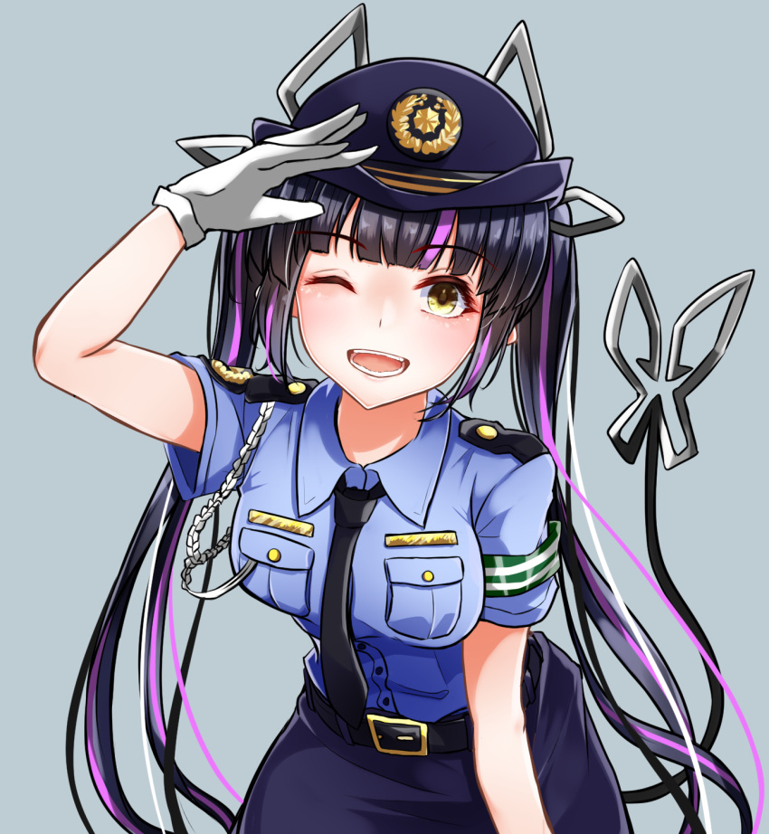 1girl, alternate_costume, bangs, belt, black_belt, black_hair, black_necktie, blue_headwear, blue_shirt, blue_skirt, blunt_bangs, blush, breasts, collared_shirt, commentary_request, cowboy_shot, dameyoshi, demon_girl, demon_horns, demon_tail, eyebrows_visible_through_hair, gloves, hat, highres, horns, kojo_anna, leaning_forward, long_hair, looking_at_viewer, medium_breasts, multicolored_hair, necktie, one_eye_closed, open_mouth, pointy_ears, police, police_hat, police_uniform, policewoman, purple_hair, salute, shirt, simple_background, skirt, smile, solo, sugar_lyric, tail, twintails, two-tone_hair, uniform, virtual_youtuber, white_gloves, yellow_eyes