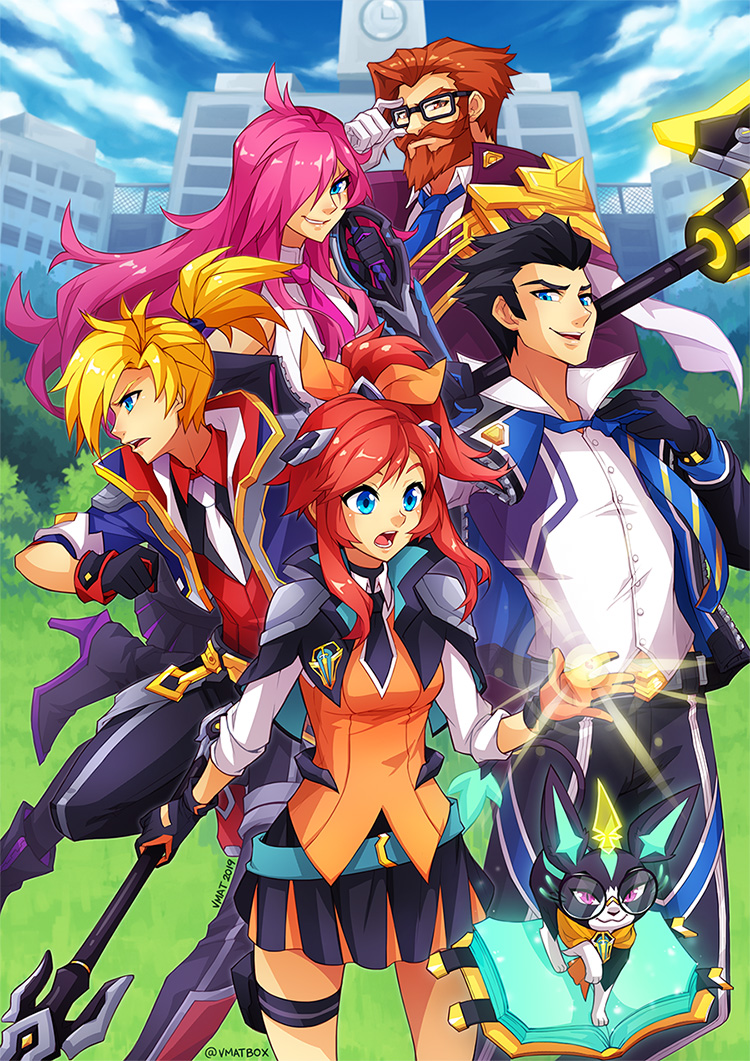 2girls, 3boys, :o, animal, battle_academia_(league_of_legends), battle_academia_ezreal, battle_academia_jayce, battle_academia_katarina