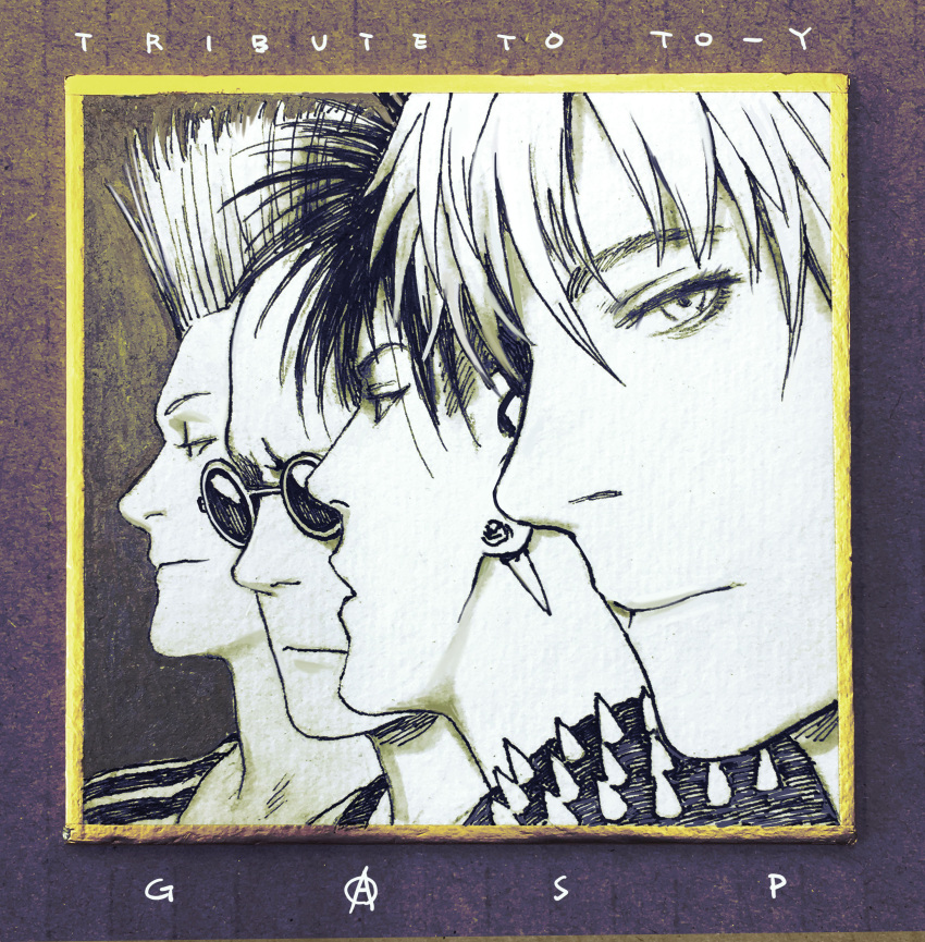 4boys, absurdres, anarchy_symbol, bangs, border, closed_mouth, copyright_name, earrings, english_text, fujii_to-y, highres, jewelry, kondou_isami_(to-y), looking_at_viewer, looking_away, male_focus, mohawk, momomoto_gou, monochrome, multiple_boys, murata_range, parted_lips, portrait, profile, punk, round_eyewear, shikishi, short_hair, sideways_glance, spiked_jacket, spikes, stud_earrings, sunglasses, suzuki_shouji, to-y, traditional_media