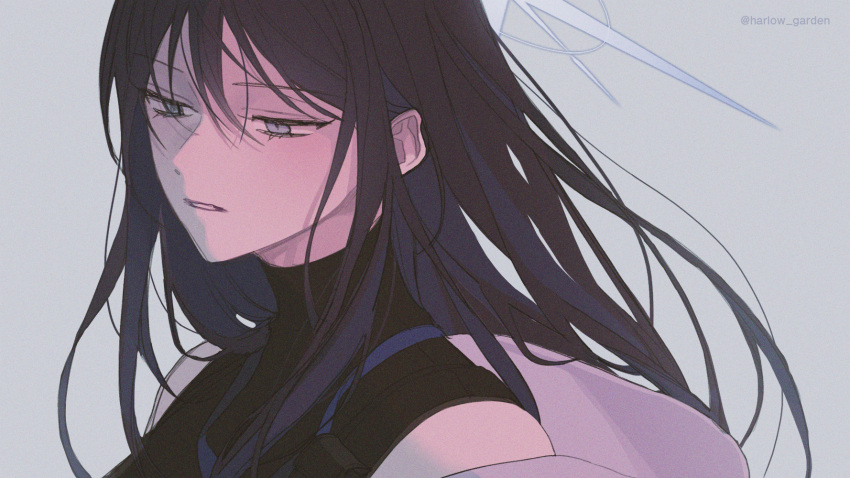 1girl, bangs, black_hair, black_shirt, blue_archive, expressionless, grey_background, grey_eyes