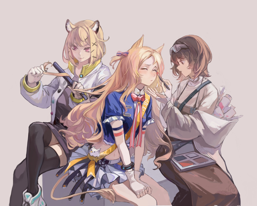 3girls, animal_ear_fluff, animal_ears, applying_makeup, apron, archetto_(arknights), archetto_(publicity_strategy)_(arknights), arknights
