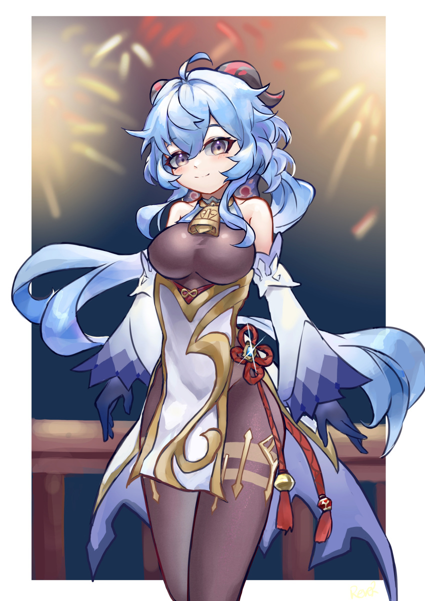 1girl, absurdres, ahoge, bangs, bare_shoulders, bell, black_legwear, blue_gloves, blue_hair, blush, bodystocking, bodysuit, bow, breasts, chinese_knot, detached_sleeves, eyebrows_visible_through_hair, fireworks, flower_knot, ganyu_(genshin_impact), genshin_impact, gloves, gold_trim, highres, horns, long_hair, looking_at_viewer, medium_breasts, neck_bell, pelvic_curtain, red_rope, rope, sidelocks, solo, standing, tassel, thighlet, user_tcxc7872, violet_eyes, vision_(genshin_impact), white_sleeves