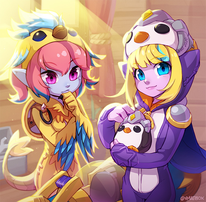 2girls, alternate_costume, animal_costume, artist_name, bangs, bird_costume, bird_hat, blonde_hair
