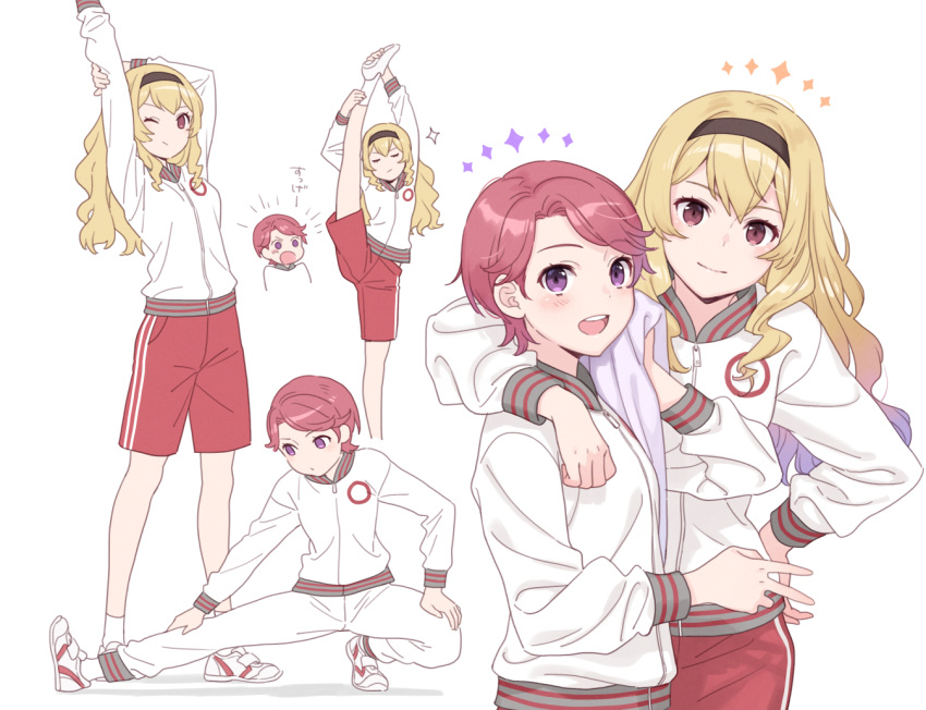 2girls, :/, :d, :o, arm_around_shoulder, arm_behind_head, arms_up, bangs