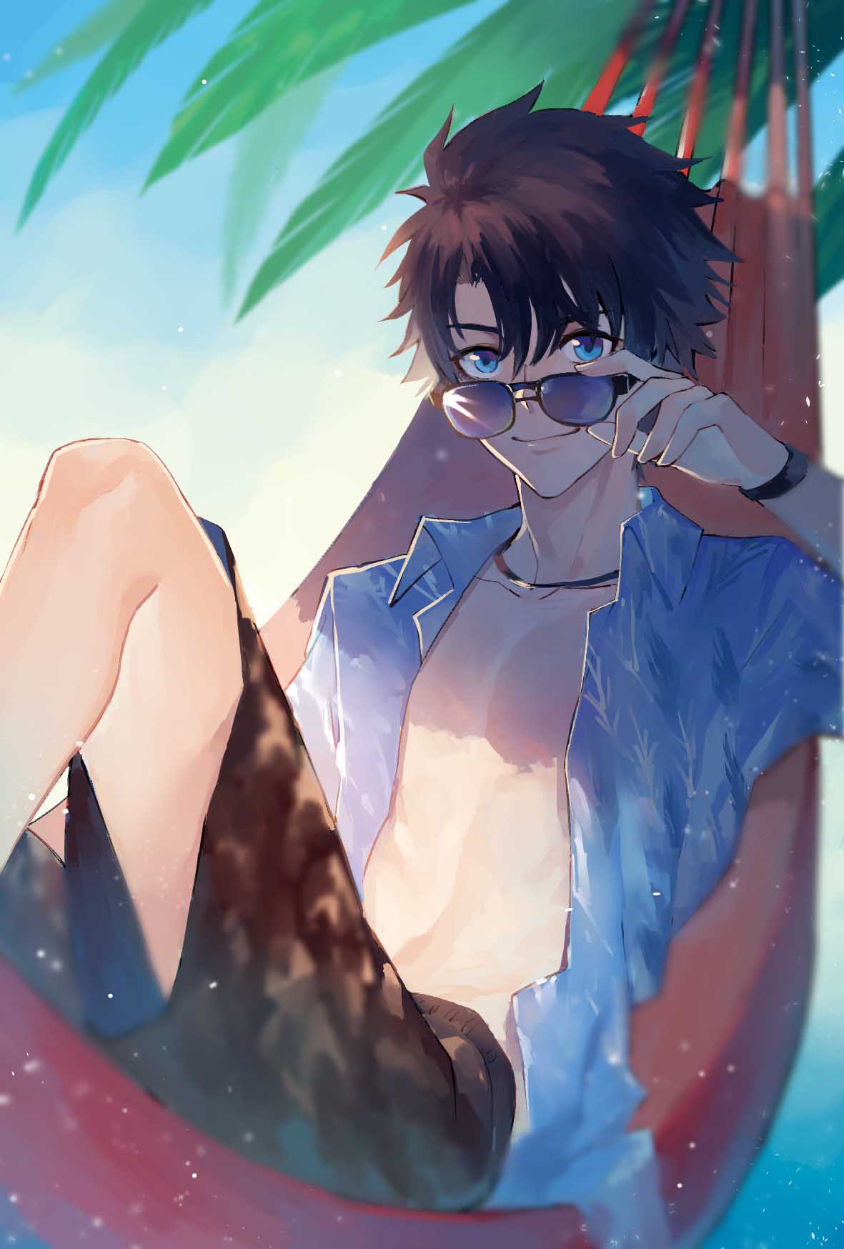 1boy, adjusting_eyewear, bangs, black_choker, black_hair, black_male_swimwear, black_neckwear, blue_eyes