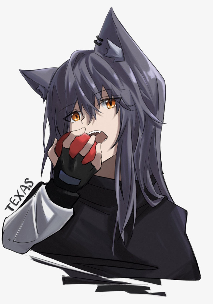 1girl, animal_ear_fluff, animal_ears, apple, arknights, black_capelet, black_gloves, black_hair