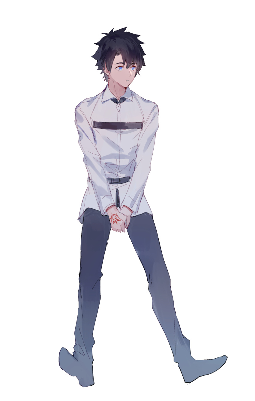 1boy, bangs, black_footwear, black_hair, blue_eyes, chaldea_uniform, command_spell, eyebrows_visible_through_hair, fate/grand_order, fate_(series), fujimaru_ritsuka_(male), full_body, highres, long_sleeves, looking_afar, lsuiany, open_mouth, short_hair, simple_background, type-moon, white_background
