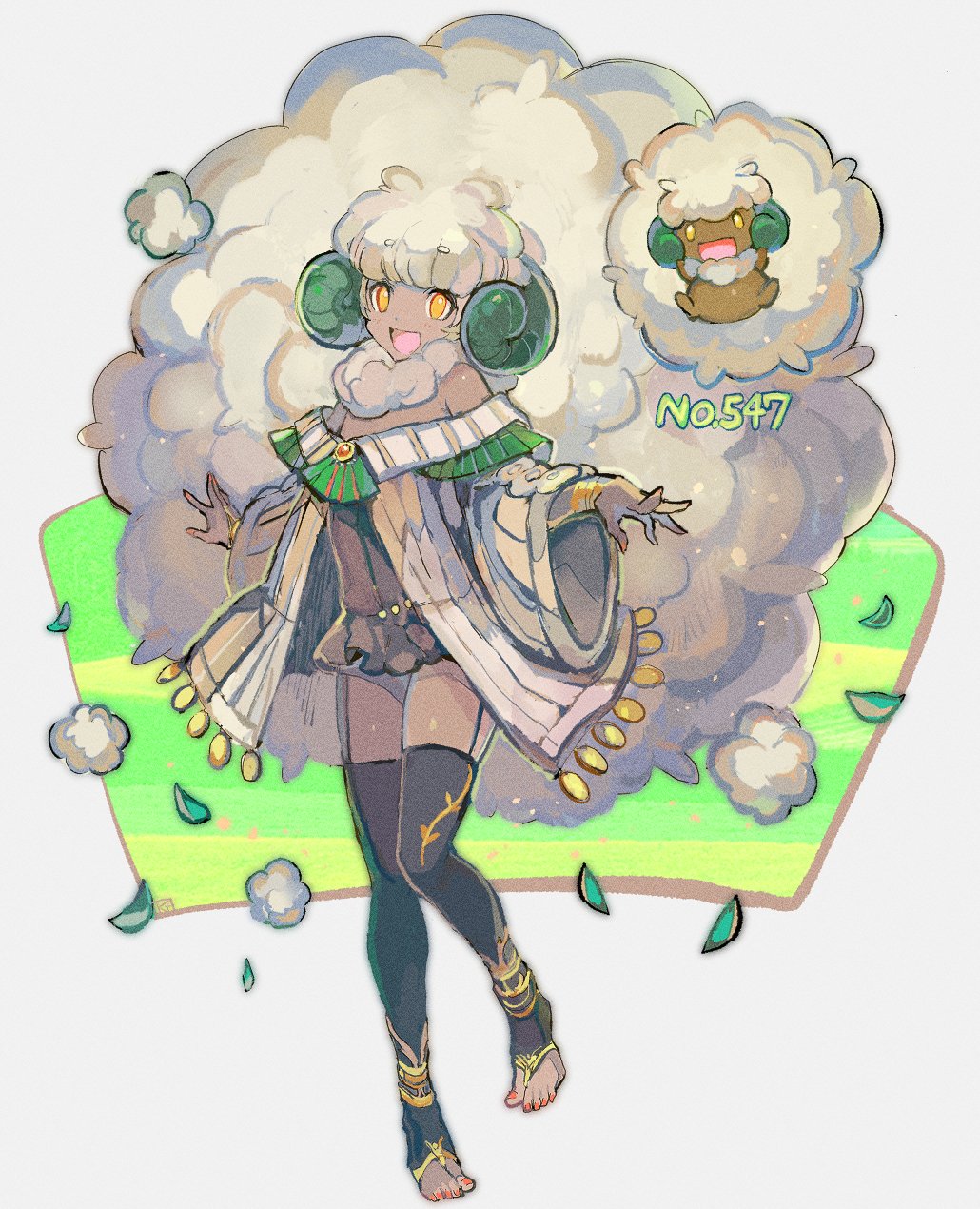 1girl, adapted_costume, barefoot, dark-skinned_female, dark_skin, highres, horns, kantarou_(8kan), personification, pokedex_number, pokemon, pokemon_(creature), pokemon_(game), pokemon_bw, pokemon_bw2, whimsicott, yellow_eyes