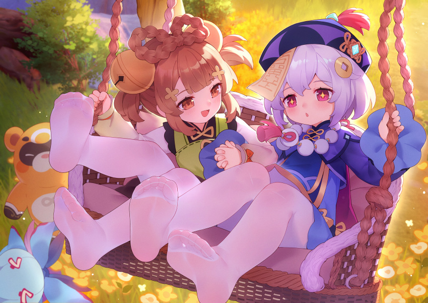 +_+, 2girls, :d, bangs, bead_necklace, beads, bell, blunt_bangs