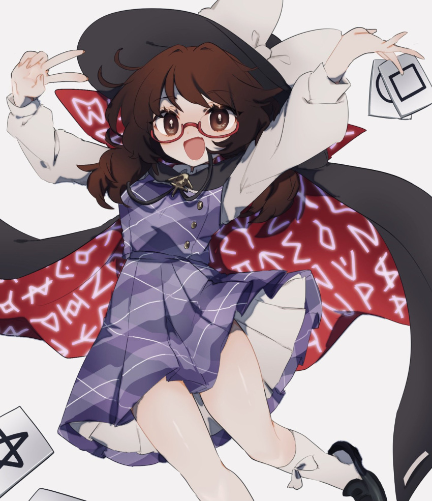 1girl, :d, ayahi_4, black_cape, black_footwear, black_headwear, bow, brown_eyes
