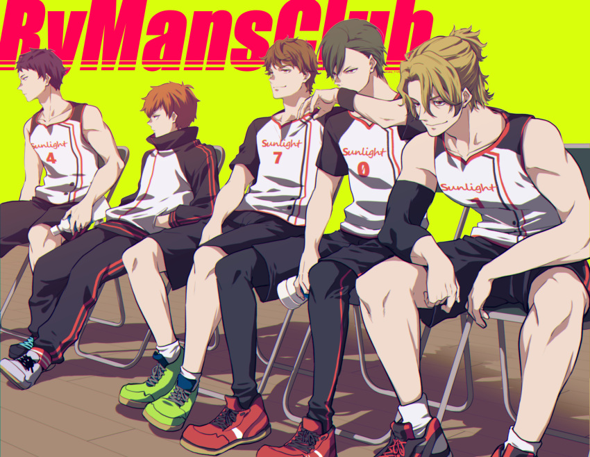5boys, ataka_takeru, bangs, black_footwear, blonde_hair, brown_hair, chair, copyright_name