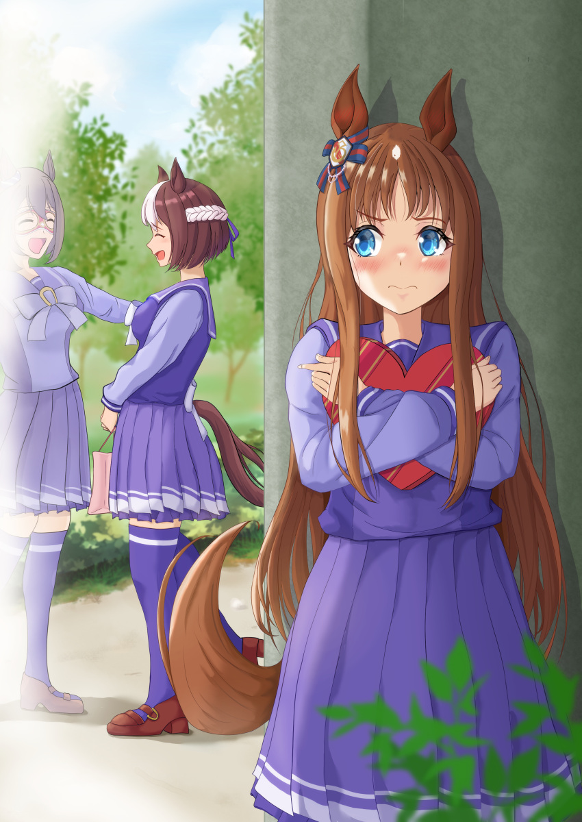3girls, absurdres, blue_eyes, blush, brown_hair, commentary_request, cowboy_shot, el_condor_pasa_(umamusume)