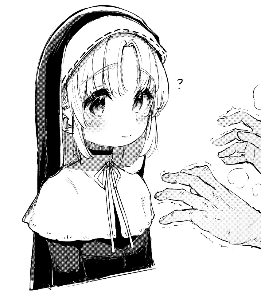 1girl, 1other, ?, child, cropped_torso, eyebrows, eyebrows_visible_through_hair, greyscale