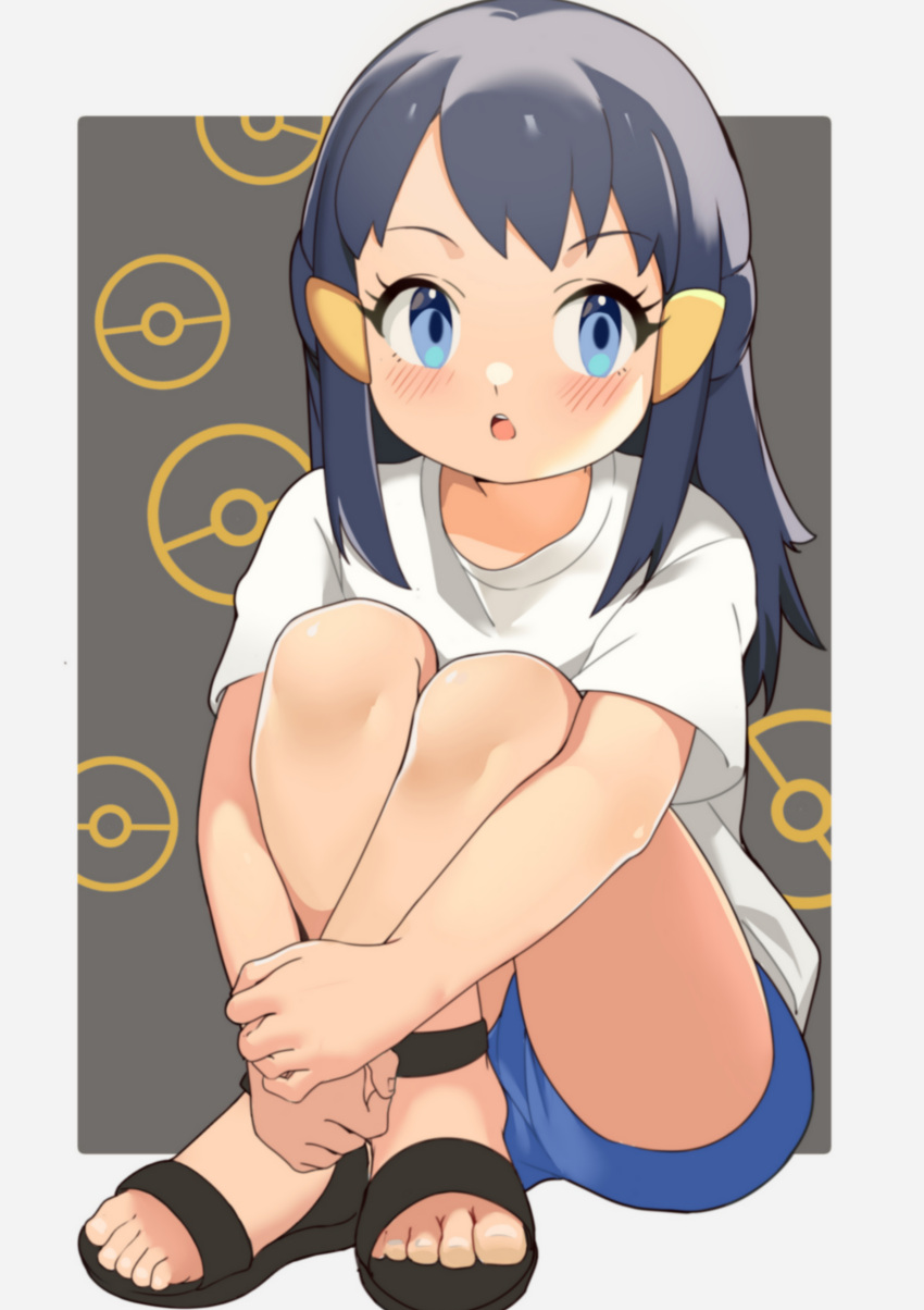 1girl, :o, absurdres, akari_(pokemon), bangs, black_footwear, blue_eyes, blue_shorts