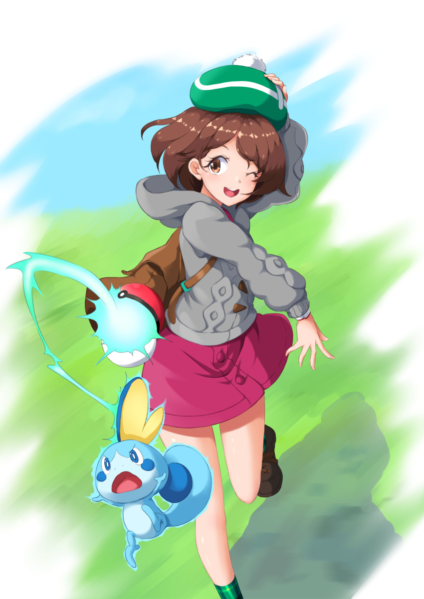 1girl, ;d, backpack, bag, bangs, bob_cut, boots, brown_bag