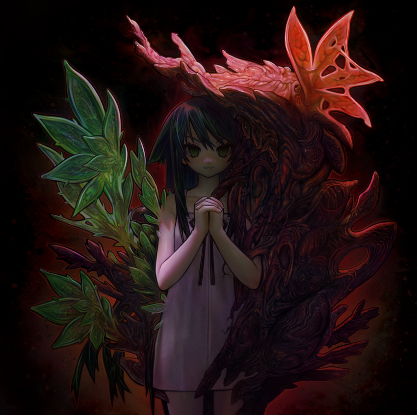 1girl, :3, black_ribbon, dark_green_hair, dress, eldritch_abomination, green_eyes, green_wings
