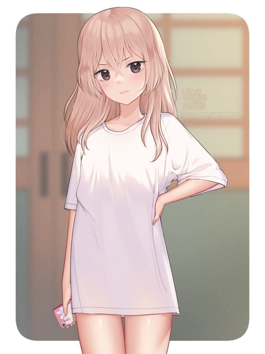1girl, arm_at_side, artist_name, bangs, blurry, blurry_background, brown_eyes, cellphone