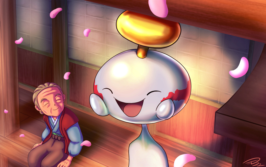 1girl, :d, arm_support, blonde_hair, brown_pants, chimecho, closed_eyes, closed_mouth, commentary, day, floating, happy, highres, japanese_clothes, jarzard, kimono, old, old_woman, open_mouth, outdoors, pants, petals, pokemon, pokemon_(creature), pokemon_(game), pokemon_legends:_arceus, red_vest, short_hair, signature, sitting, smile, tongue, vest, wrinkled_skin