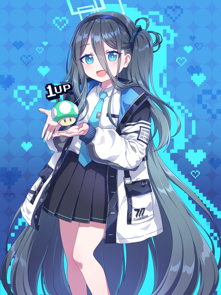 1-up_mushroom, 1girl, 1up, :d, absurdres, arisu_(blue_archive), bangs, black_hair