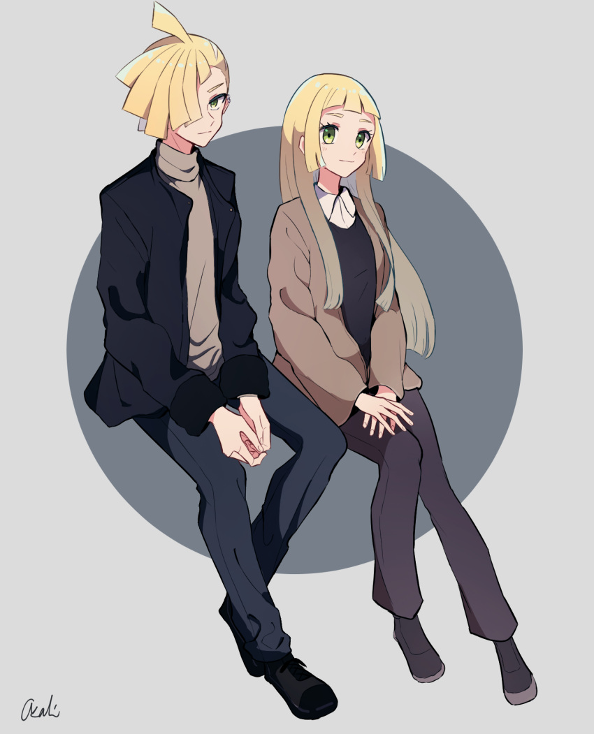 1boy, 1girl, ahoge, alternate_costume, bangs, black_footwear, black_jacket, blonde_hair