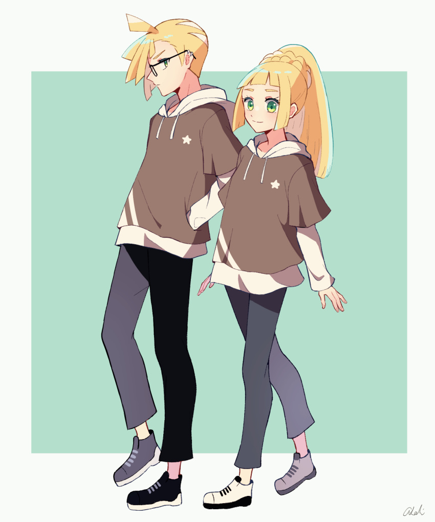 1boy, 1girl, ahoge, bangs, bespectacled, black_footwear, blonde_hair, blush
