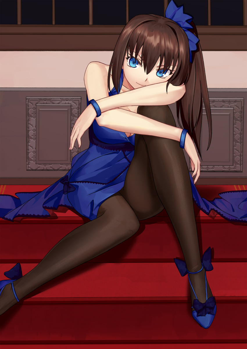 1girl, absurdres, alternate_costume, alternate_hairstyle, aozaki_aoko, bangs, bare_shoulders, black_legwear