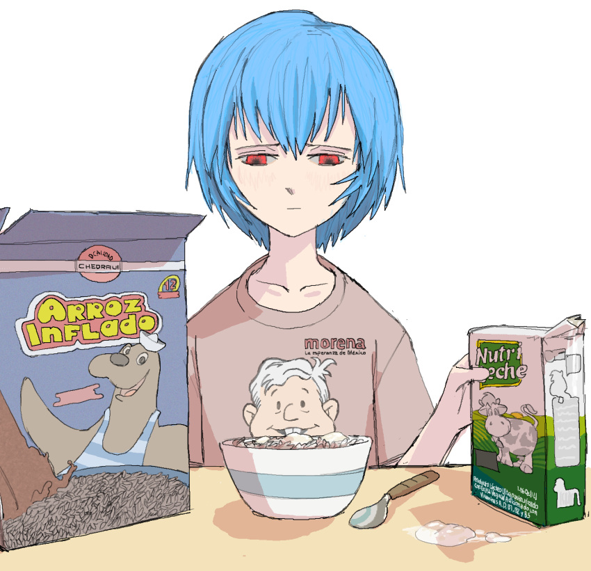 1girl, :|, absurdres, andres_manuel_lopez_obrador, ayanami_rei, bangs, beige_shirt, blue_hair