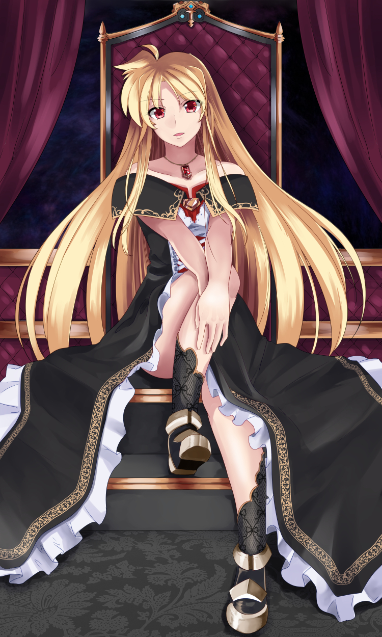 1girl, alternate_costume, armored_shoes, bare_shoulders, blonde_hair, dress, fate_testarossa, gold_trim