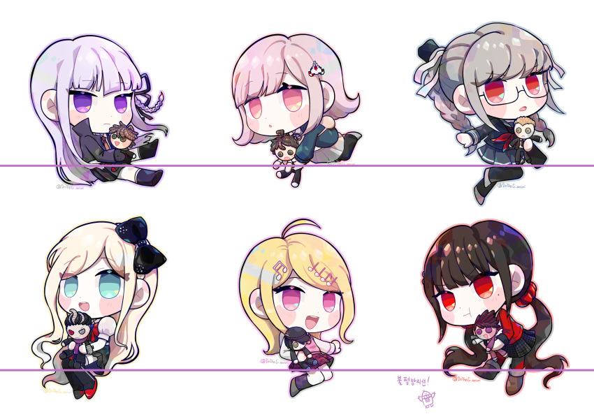 6+girls, :d, :o, absurdres, ahoge, akamatsu_kaede, bangs, black_bow