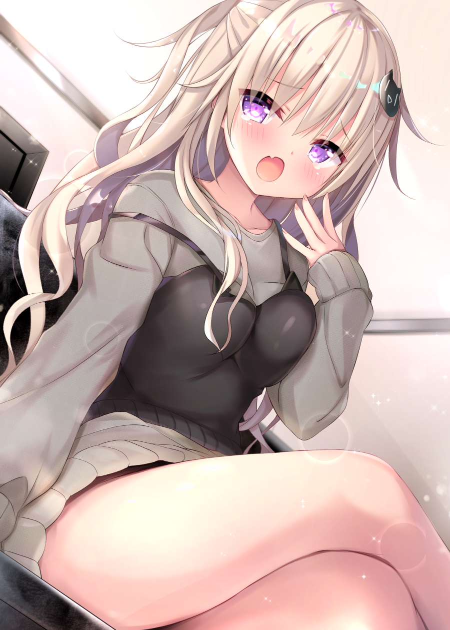 1girl, :o, blonde_hair, blush, cat_hair_ornament, commentary_request, crossed_legs, fang