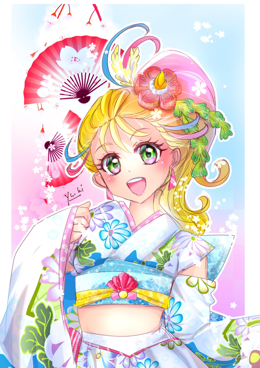 1girl, :d, adapted_costume, blonde_hair, blush, border, cure_summer, detached_sleeves