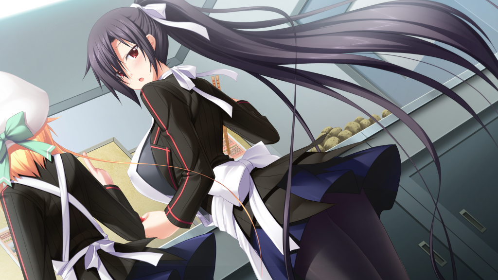 2girls, apron, arched_back, bangs, black_hair, black_jacket, blonde_hair, blue_skirt