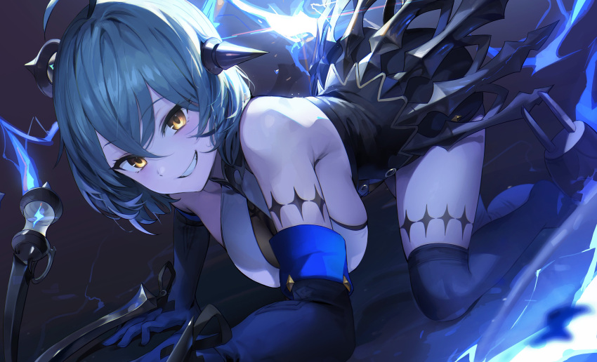 1girl, absurdres, ahoge, all_fours, aqua_hair, arm_tattoo, bangs, bare_shoulders, black_dress, black_footwear, black_gloves, black_legwear, body_markings, boots, breasts, commentary, dagger, dress, elbow_gloves, frankenstein_(masterwork_apocalypse), gloves, hair_between_eyes, hair_ornament, halter_dress, halterneck, highres, knife, large_breasts, leg_tattoo, looking_at_viewer, masterwork_apocalypse, multicolored_clothes, multicolored_dress, short_hair, smile, solo, tattoo, teeth, thigh-highs, thigh_boots, uthy, weapon, white_dress, yellow_eyes